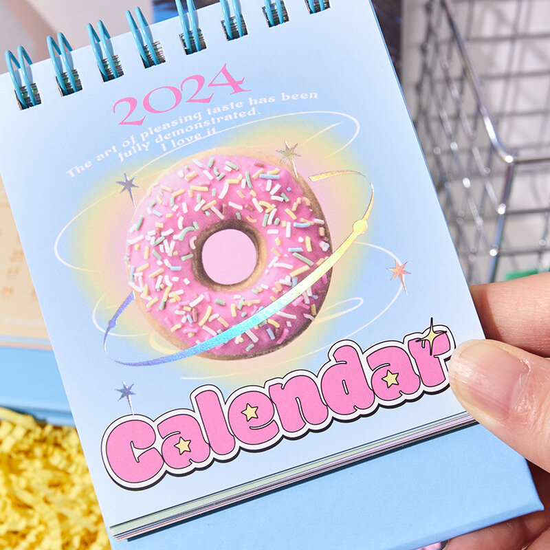 Cream Fantasy Series-Mini Calendario de donut Puff, calendario de escritorio Gourmet, planificador de horario diario, suministros de oficina, 2024