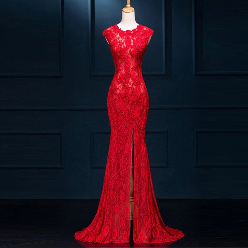 Czerwona suknia ślubna syrenka koronka długa, bez rękawów suknie ślubne sukienki na zamówienie