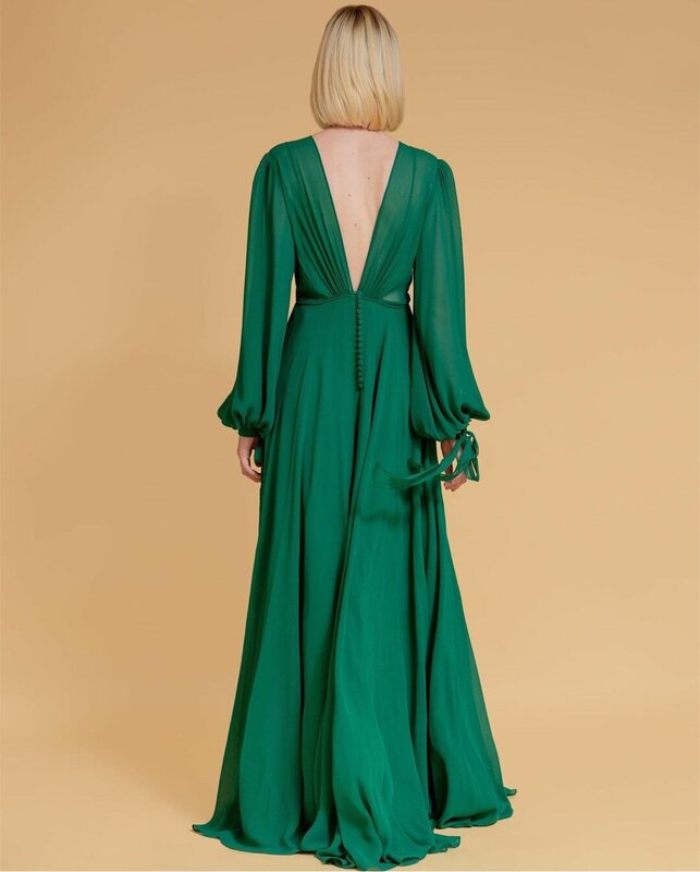 Elegancka sukienka wieczorowa z dekoltem w serek z długim rękawem do podłogi 2024 damska zielona szyfonowa suknia balowa w kształcie linii