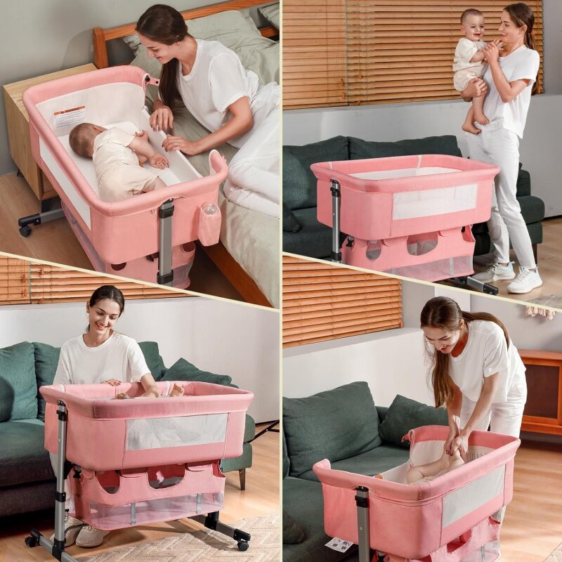 Babybett, 3 in 1 Bett verstellbar tragbar für Kleinkinder, Stuben wagen Neugeborenes muss haben, rosa