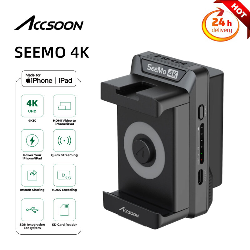 قارئ بطاقة Accsoon-Seemo 4K SD ، شحن iPhone ، مشاركة تسجيل H.264 ، التقاط بث مباشر للفيديو ، شاشة HDMI إلى IOS