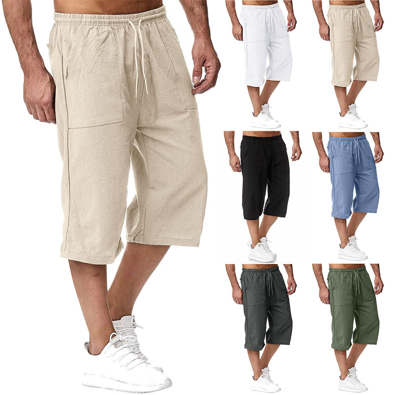 Shorts masculinos casuais de algodão misturado, elástico longo na cintura, shorts folgados com cordão de bolso, verão, comprimento 3/4