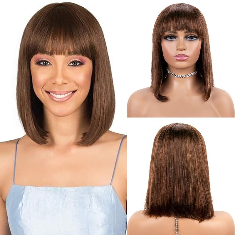Pelucas de cabello humano brasileño para mujeres negras, pelo corto recto Bob con flequillo, rubio miel, sin encaje frontal