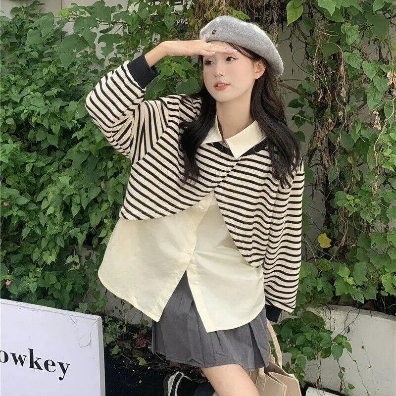 Striped Stitching False Two-Piece Sweaters Women's Design Sense Niche Autumn 2022 New Polo Collar Loose Long Sleeve Top