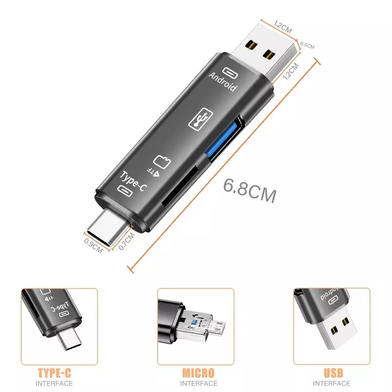 Lecteur de carte multifonction TYPE-C 5 en 1 Noir de stockage externe commandé pour Memory Stick USB 3.0 Mini lecteur de carte mémoire
