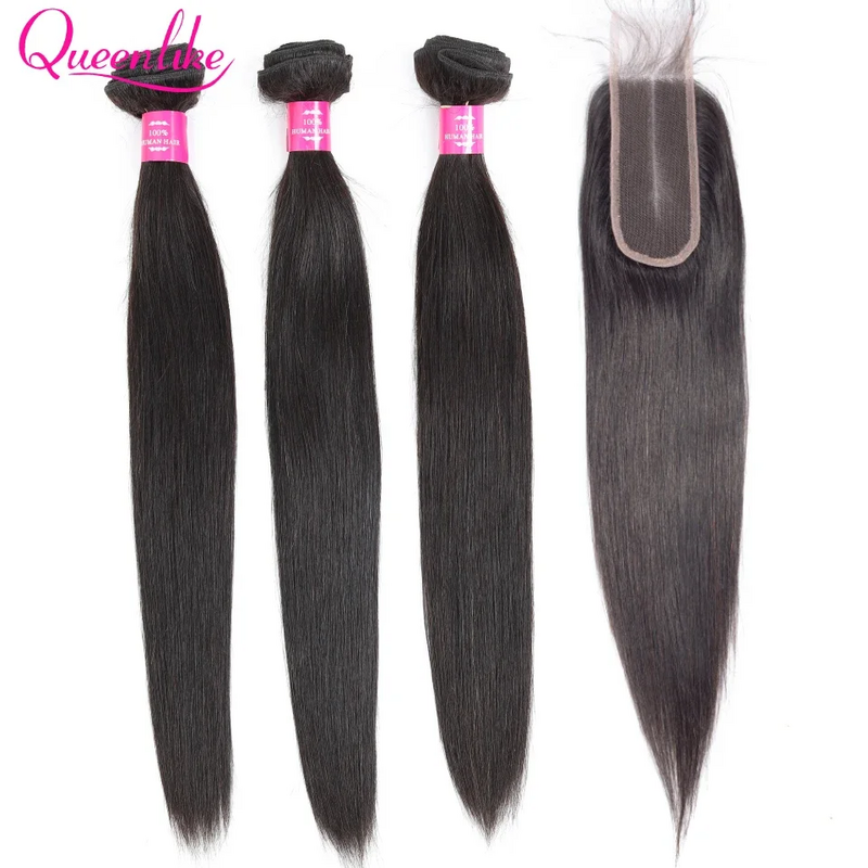 Queenlike 30inch Straight Human Hair Bundles With Closure Brazilian Raw Hair Weave Bundles With 2x6 Deep Kim Closure and Bundles