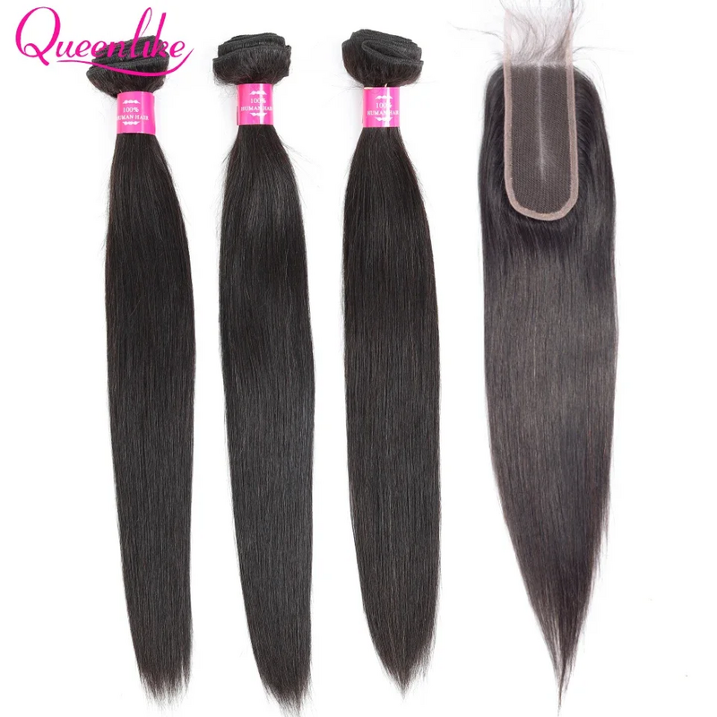 Queenlike-Pacotes De Cabelo Humano Reto Com Fechamento, Weave De Cabelo Cru Brasileiro, Fechamento Profundo Kim, 30in, 2x6