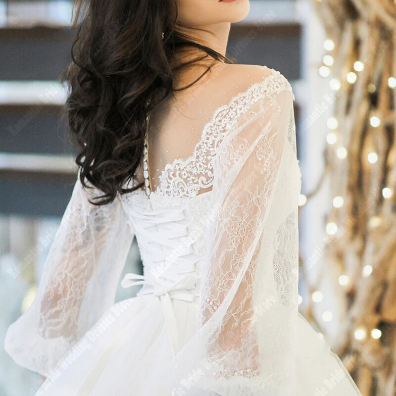 예쁜 A라인 여성용 웨딩 드레스, 밝은 레이스 인쇄 신부 가운, 걸레질 길이, 공주 약혼 공