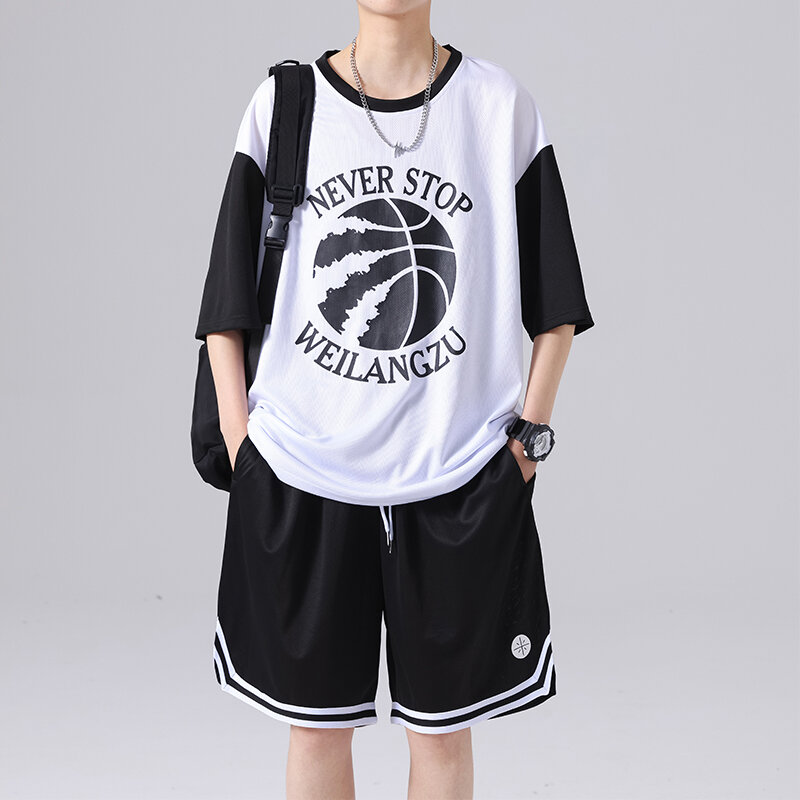 Men's Summer Sets 2024 New Casual Basketball Print T-Shirt+Shorts Set Male Sports Suit Solid Color Tracksuit Loose Fashion Suits