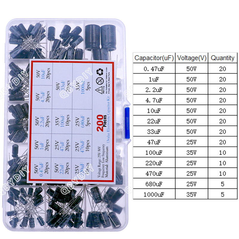 Kit surtido de condensadores electrolíticos, 16V, 25V, 35V, 50V, 1uf, 2,2 uF, 3,3 uF, 4,7 uF, 100uF, 10uF, 22uF, 33uF, 47uF, 220uF, 330uF, 470uF, 1000uF