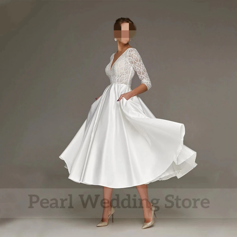 Женское атласное свадебное платье It's yiiya, белое короткое платье до середины икры с V-образным вырезом и карманами на лето 2019