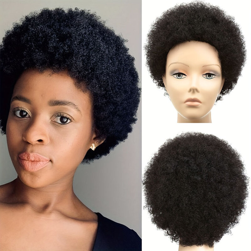 黒人女性のための短い絹のような巻き毛のかつら,自然なブラジルの人間の髪の毛,忌避剤,180% 密度,安い,接着剤なし