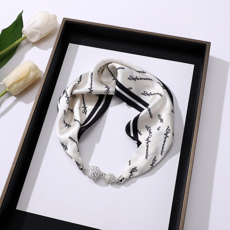 New magnetic buckle Pearl silk scarf  Fashion Floral Design Female Hair Hand Fall Wrist Bandana Winter Neck Headkerchief