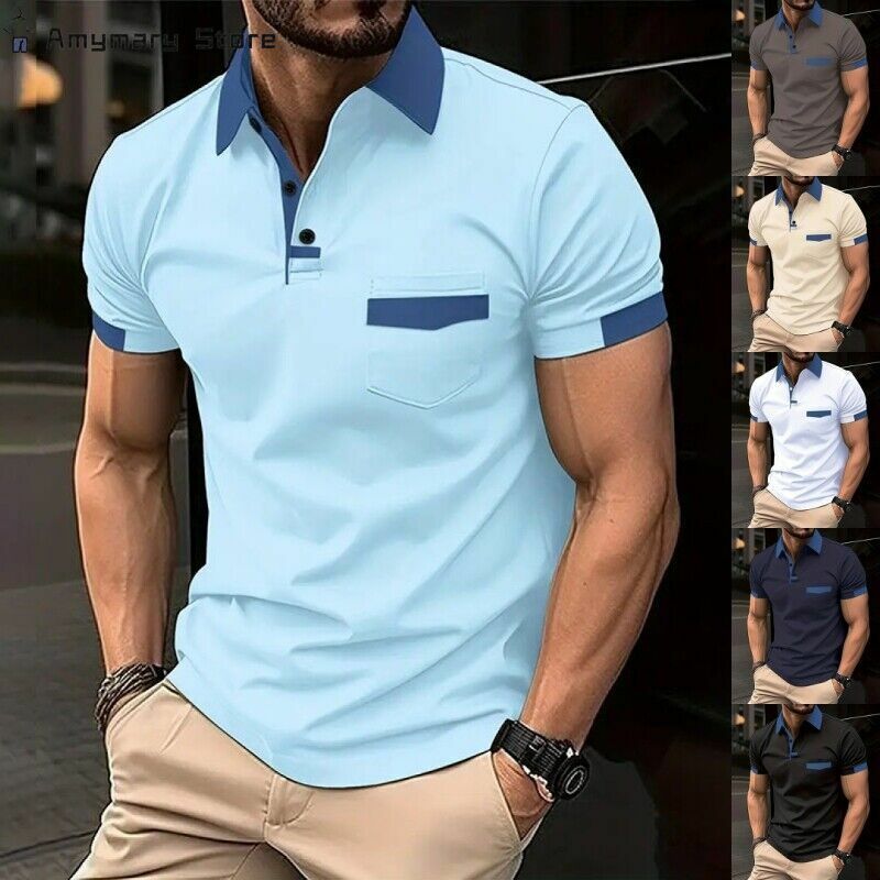 قميص بولو بأكمام قصيرة للرجال ، مطابقة الألوان ، أزرار جيب ، بلوفر رياضي ، كاجوال للعمل ، قميص للركاب ، الصيف