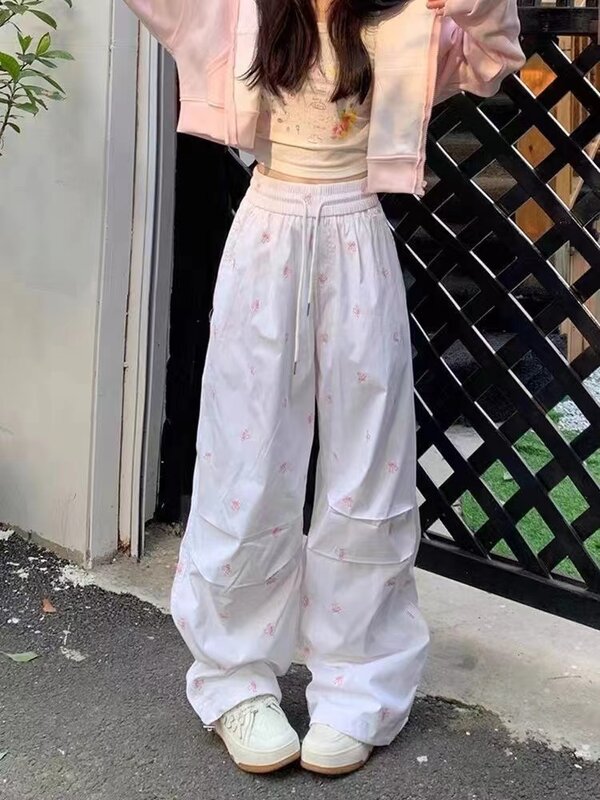 Workowate z różową kokardką spodnie spadochronowe damskie Harajuku Hip Hop z wysokim stanem spodnie z szerokimi nogawkami Y2k Streetwear na co dzień spodnie dresowe do biegania