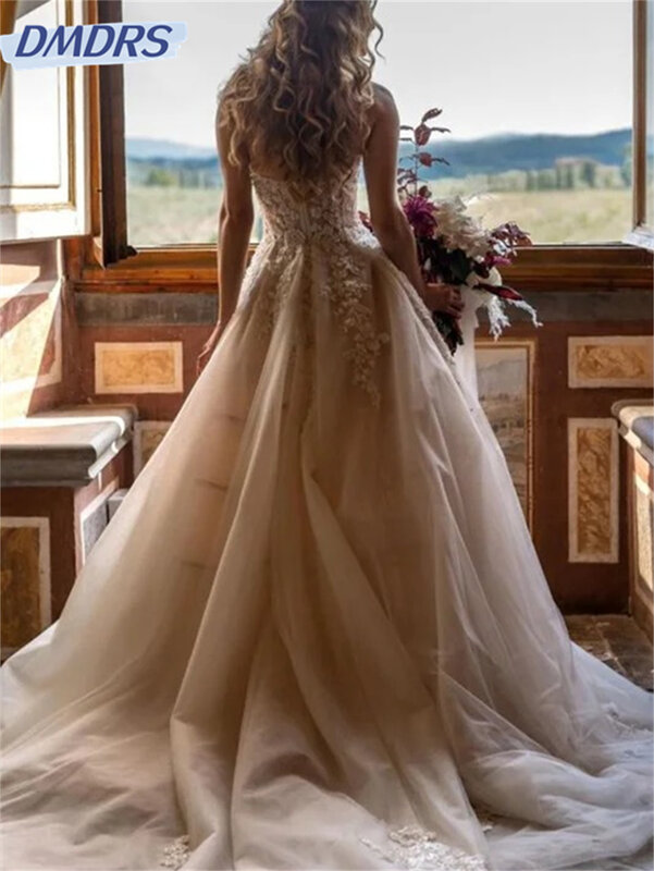 فستان زفاف أنيق بدون حمالات ، طول الأرضية ، تول ساحر ، فستان زفاف رومانسي ، A-line ،