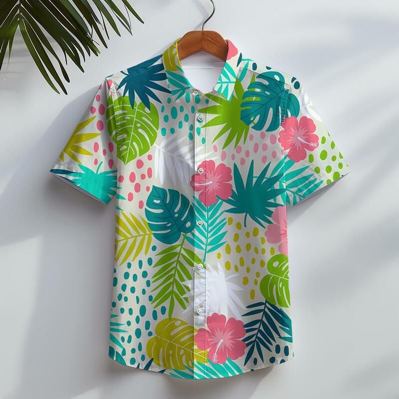 Kemeja pantai pria, Hawaii kasual lengan pendek kancing bawah kemeja daun tropis bunga 3D pakaian dicetak untuk liburan musim panas