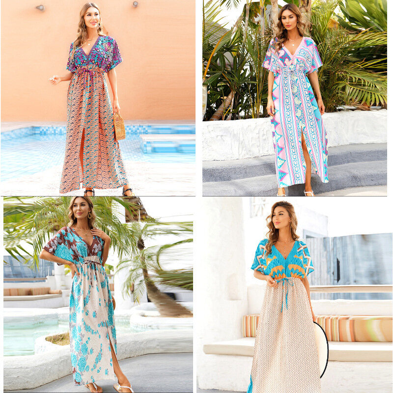 Summer Beach Cover Up Polyester Print Loose Plus Size Robe  Sun Protection Shirt Vacation Bikini Outer Cover