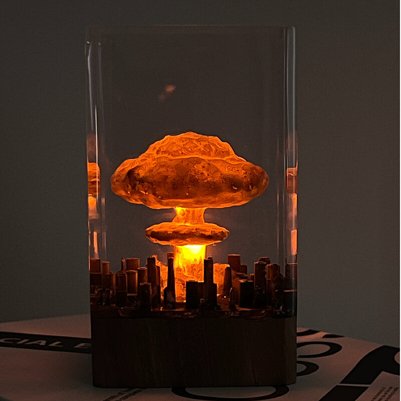 폭발적인 버섯 구름 테마 야간 조명, USB 충전, 투명 유기체 송진 테이블 조명, 창의적인 아트 장식 램프