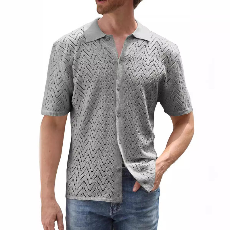 2024 Summer  Men Shirts Knitted Hollow Out Breathable Casual Shirt Solid Color Single Breasted Male Knit Short-sleeved Shirts