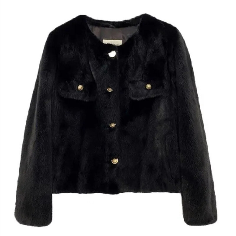 Mode mantel bulu cerpelai imitasi hitam wanita 2023 jaket musim gugur musim dingin baru pendek satu baris mantel bulu wanita atasan pakaian luar