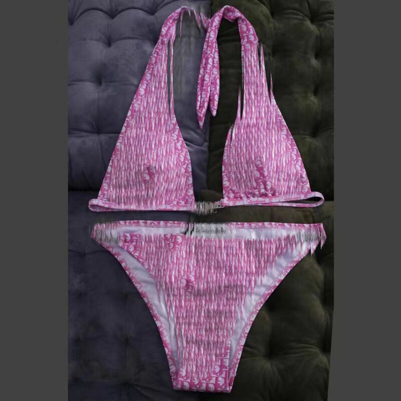 Beach Split Printing Lace-up, Waist Letter Drill, Decorative Backless Bikini Set, Sexy