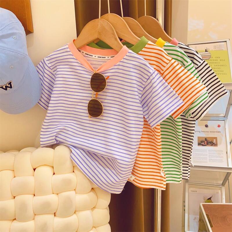Детская футболка из чистого хлопка с коротким рукавом для девочек, Летний Новый детский топ в контрастную полоску с коротким рукавом в западном стиле