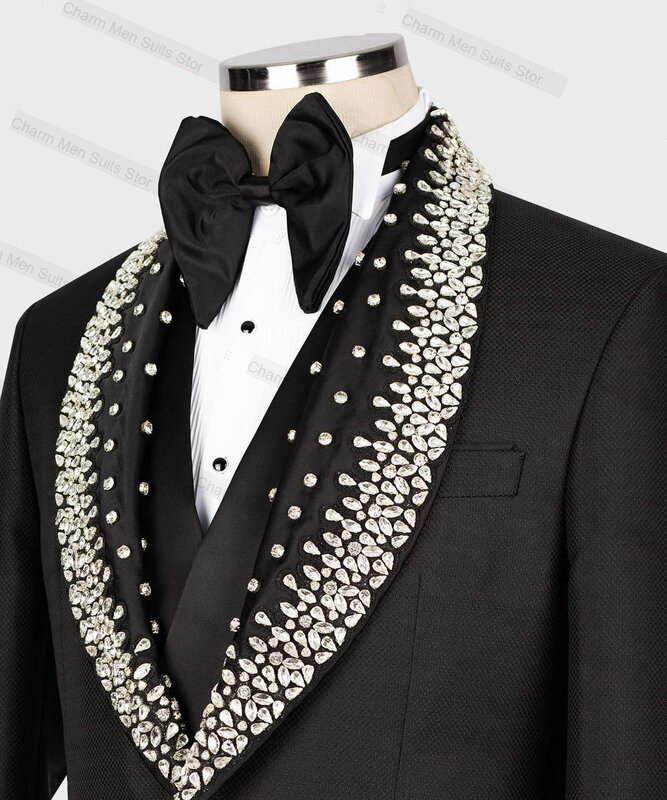 Traje con cristales negros para hombre, conjunto de 2 piezas, Blazer y pantalones hechos a medida, chaqueta Formal para oficina, graduación, novio, boda, esmoquin