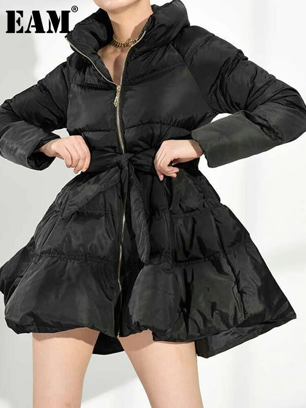 Женское пальто с бантом [EAM], черное Свободное пальто с хлопковой подкладкой и длинным рукавом, новинка сезона осень-зима 2024, 1DH5282