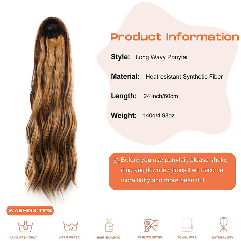 Ponytail Extension Body Wave Drawstring Ponytail Extension 24'' Long Wavy Synthetic Ponytail Hair Extension Clip in Hairpieces