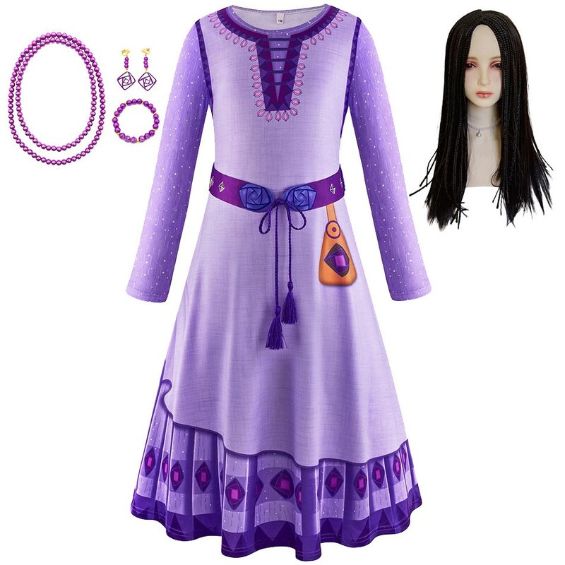 Wish Asha kostum putri anak perempuan, gaun Cosplay lengan panjang ungu 4-12 tahun