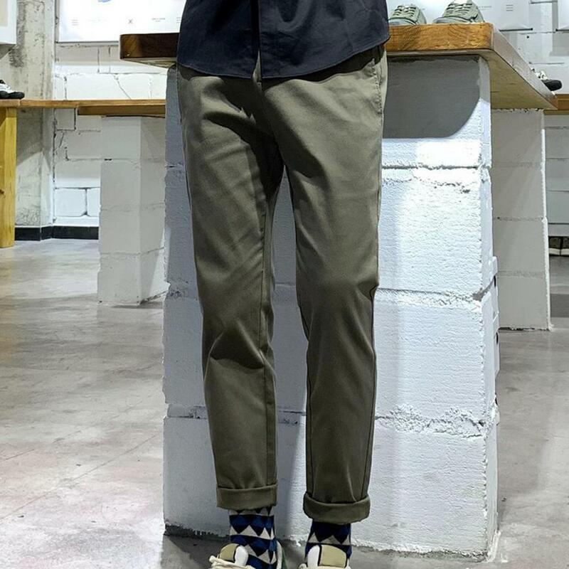 Casualowe spodnie stylowe męskie Slim Fit dziewiąte spodnie z średnio wysoka talia jednolitym kolorem oddychająca tkanina modna Streetwear na kostkę