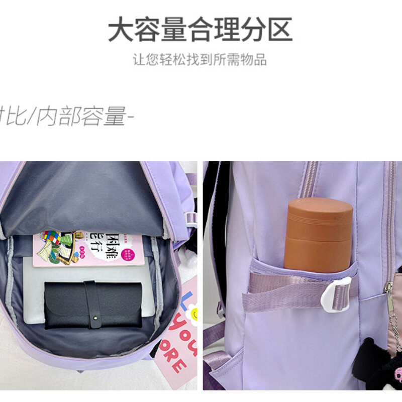Kuromi Schoolbag com distintivo para mulheres, mochila de grande capacidade para alunos do ensino primário e secundário, fofa