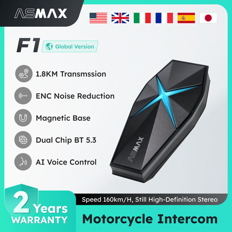ASMAX F1 casque bluetooth sans fil, intercom casque moto Mesh, intercom moto bluetooth BT5.3, Prend en charge une portée de 1800m d'intercoms pour 10 motocyclistes, commande vocale IA et imperméabilité IP67