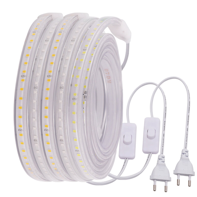 Super Bright LED Strip Light, Fita LED flexível com interruptor, ao ar livre, impermeável, Fita, Corda de Luz, 220V, 2835, 120 LEDs por m, 276Leds por m