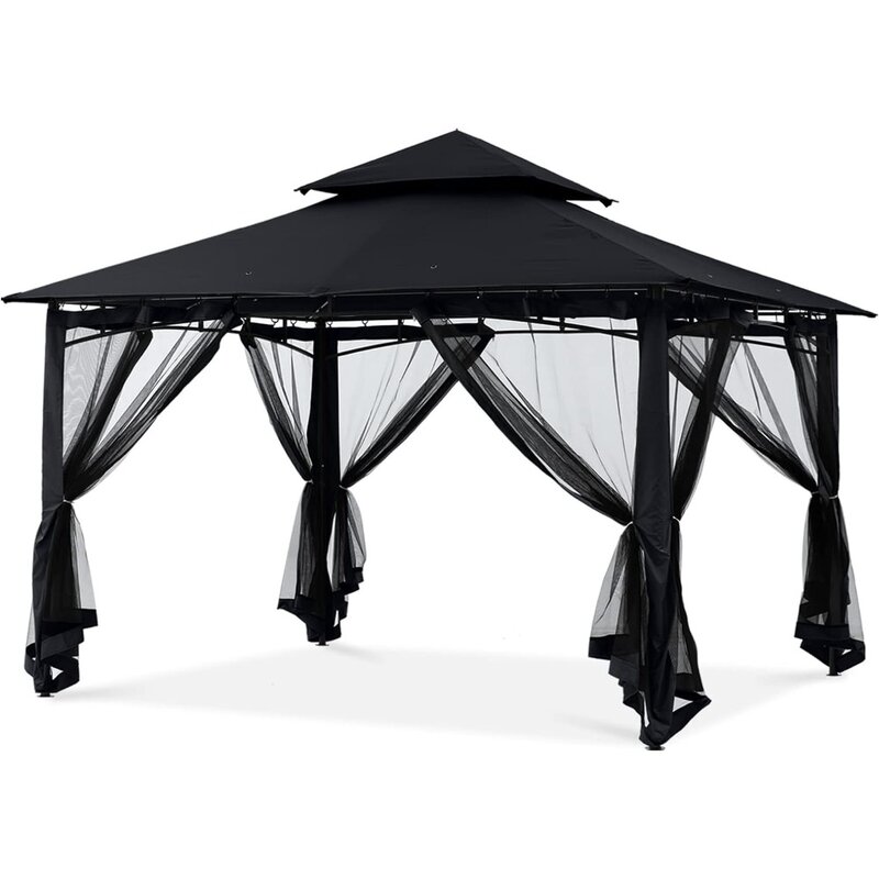 Outdoor garden pavilion with stable steel frame and mesh wall, mosquito net (10x10, black)