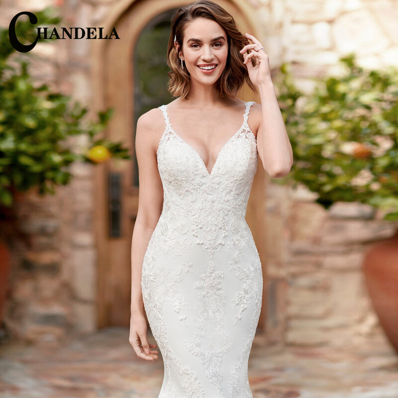 CHANDELA Sexy Wedding Dresses V-Neck Spaghetti Straps Appliques Backless Bridal Gown Vestidos De Novia Personalised For Women