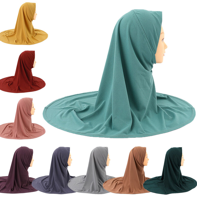 Large Size Pray Hijab Girls Kid Children One Piece Amira Muslim Amira Hijab Plain Pull On Islamic Scarf Head Wrap Headband 5-12Y
