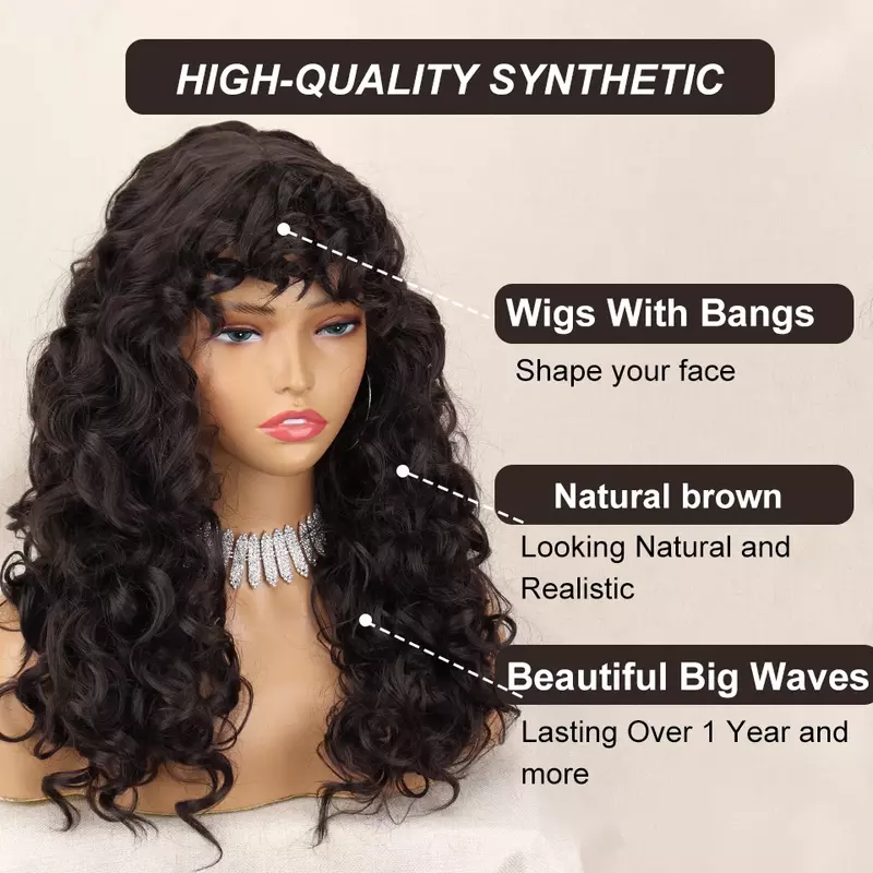 Brown Curly Wig with Bangs Long Vintage Hairstyle with Curly Fringe Synthetic Wig Big Bouncy Fluffy for Women Daily Use Party ﻿