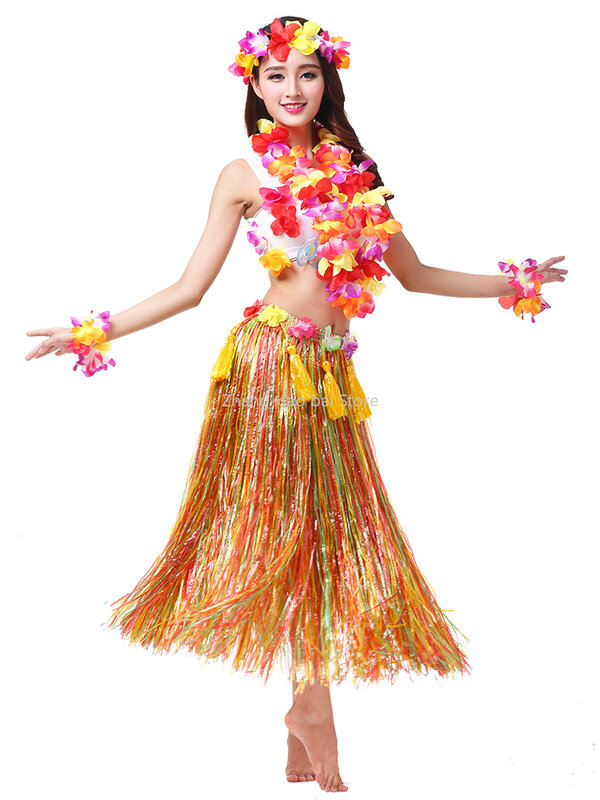 ชุดเต้นฮูลาสำหรับผู้หญิงกระโปรงฮาวายฮูลาชุดหญ้ากระโปรงดอกไม้พวงมาลัยชุดปาร์ตี้ชายหาดชุดกระโปรงฮูลา