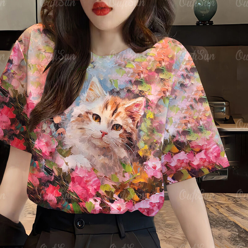 Camisetas con estampado 3D de animales para mujer, ropa informal de manga corta con cuello redondo, Top holgado, 2024
