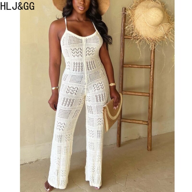 HLJ&GG Summer New Knitting Hollow Out Jumpsuits Women Thin Strap Sleeveless Backless Straight Playsuits Fashion Holiday Clothing