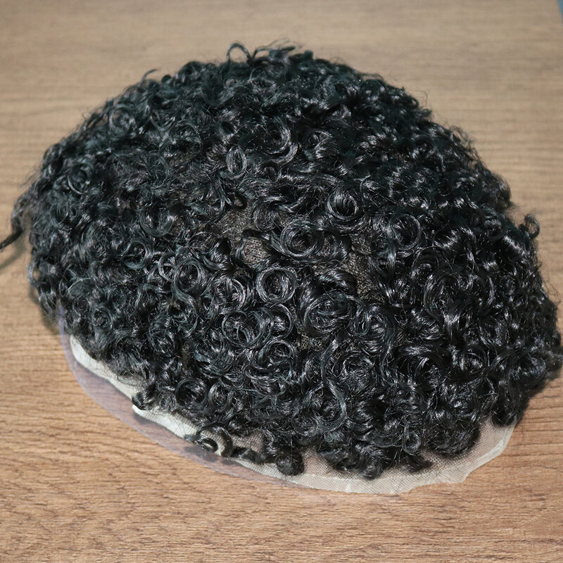 2024 New 18mm Curly Men Toupee Durable Thin Skin Full Pu Base Male Human Hair Prosthesis System Natural Hairline For Black Men