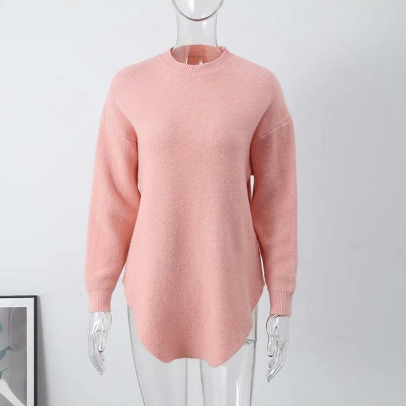 Теплый свитер для холодной погоды, уютный Однотонный свитер средней длины для женщин, Свободный пуловер с круглым вырезом и асимметричным подолом