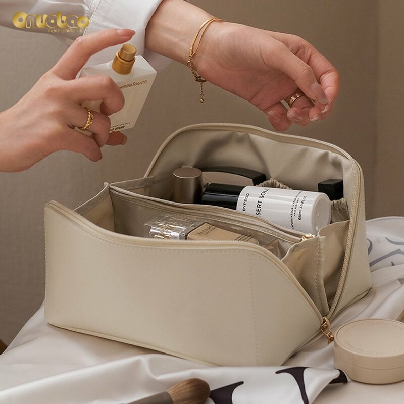 Cream Leather Makeup Bag Ladies Luxury Organ Pillow Bags PU Cosmetic Bag Large Travel Bag