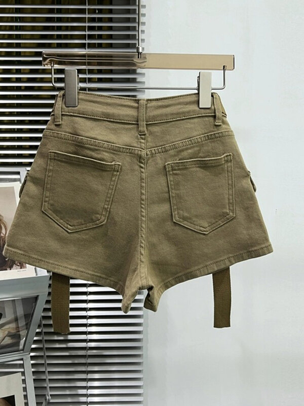 Large Pocket Denim Shorts For Women American Vintage Simple Solid Jeans Summer New High Waisted Slim Fitting Female Cargo Pants
