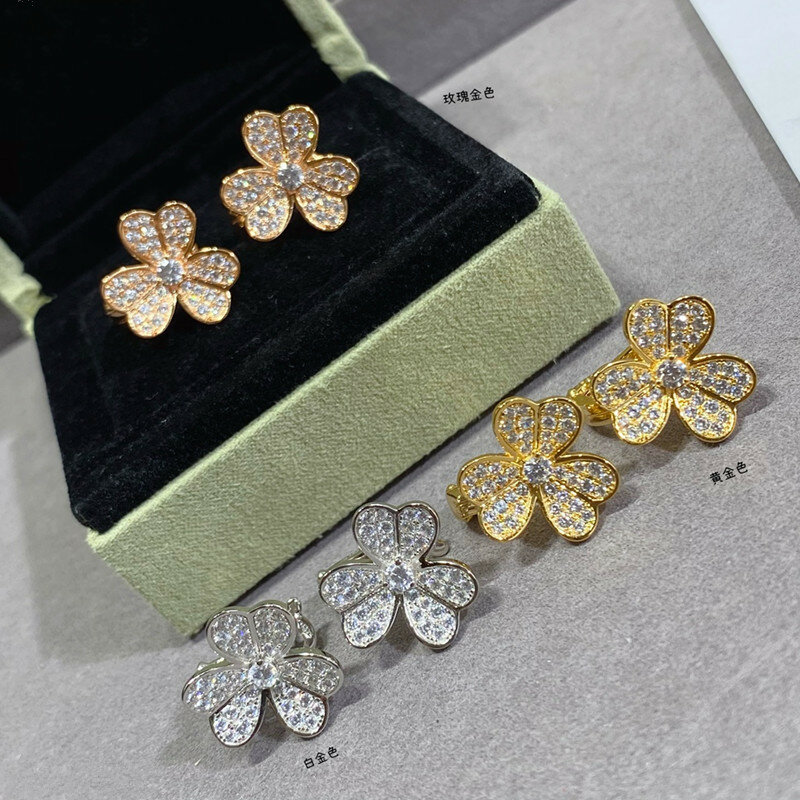 Anting-anting 3 daun bunga zirkon penuh perak murni 925 kualitas tinggi untuk wanita perhiasan mode
