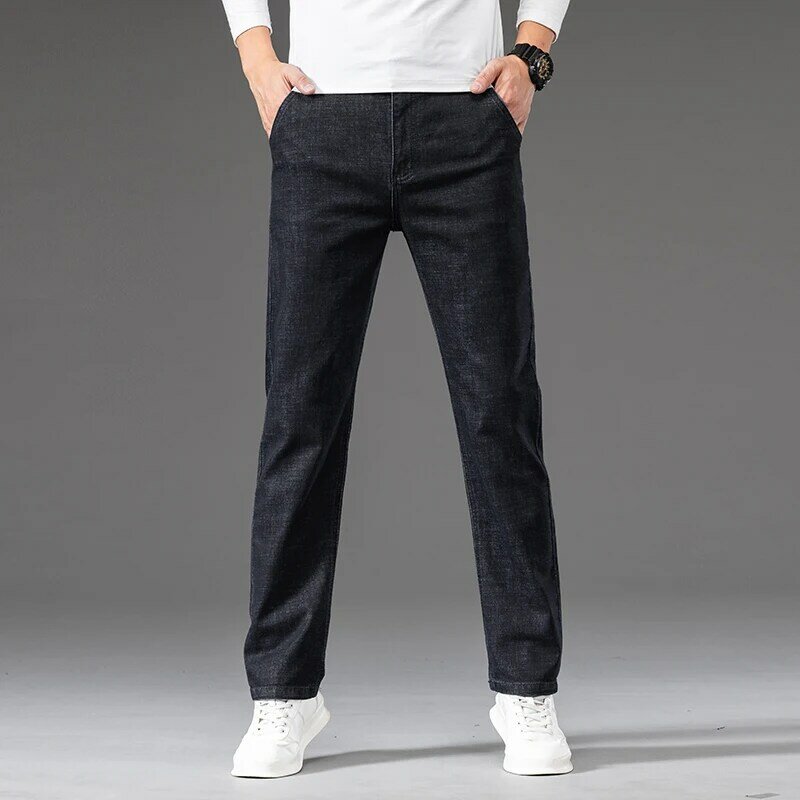 بنطال جينز مطاطي بنمط كلاسيكي للرجال ، بنطال قطني أحادي اللون ، جينز رجال الأعمال ، علامة تجارية جديدة ،