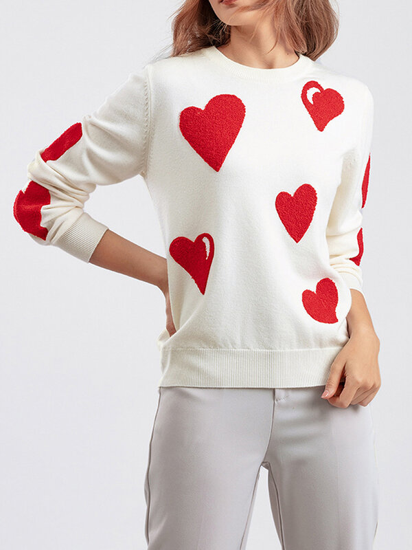Women Valentines Day Sweater Heart Print Long Sleeve Pullovers Tops Casual Loose Knit Jumpers