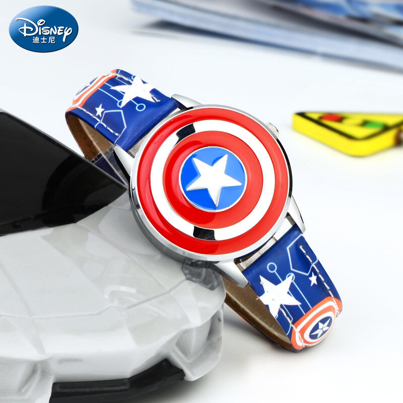 Disney-Reloj de spiderman para niños, cronógrafo con Tapa de cuero y cuarzo, con carcasa de Metal, Capitán América, ironman